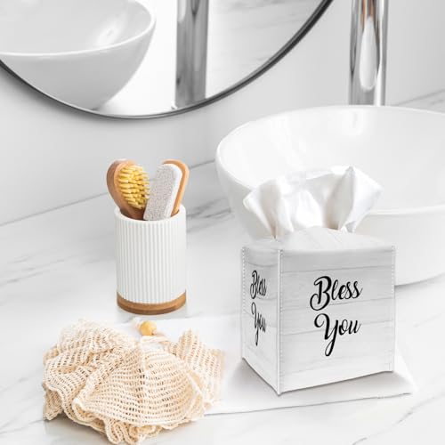 Tissue Box Cover Holder - Bless You PU Leather Tissue Box Cover with Bottom Belt, Square Facial Paper Organizer Dispenser for Tabletop, Bathroom, Kitchen, Car & Office -026 - color: Bless You