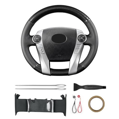 Hand-Stitch Steering Wheel Cover with Microfiber Leather & Carbon Fiber Leather Fit for Toyota Prius V 2012 2015/Prius C 2012 2015 2017/Prius 2010 2012/Prius Plus Prius Plug-in Hybrid 2013 - size: Carbon Fiber + Microfiber