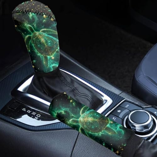 2 Piece Car Gear Shift Knob Cover and Handbrake Cover Sets for Women Men, Sea Turtle Print Anti-Skid Car Handbrake Cover with Gear Shift Covers, Easy to Install, Universal Fits - color: Green and Black - Sea Turtle