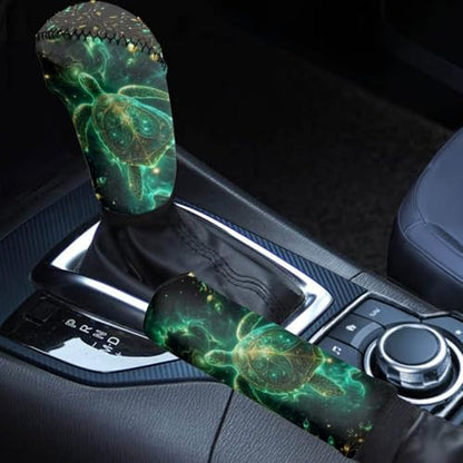 2 Piece Car Gear Shift Knob Cover and Handbrake Cover Sets for Women Men, Sea Turtle Print Anti-Skid Car Handbrake Cover with Gear Shift Covers, Easy to Install, Universal Fits - color: Green and Black - Sea Turtle