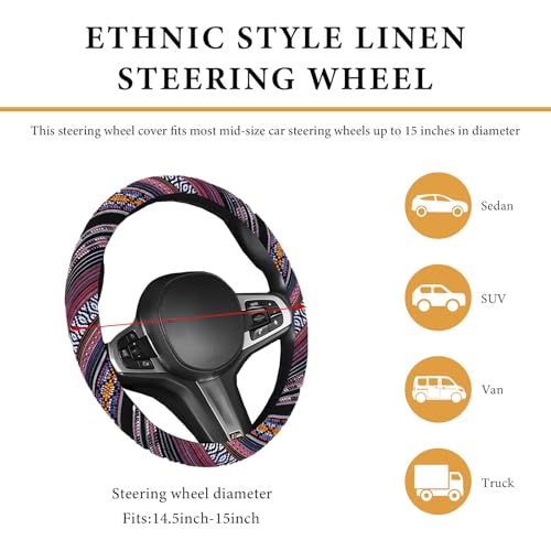 Boho Steering Wheel Cover, 15 Inch Coarse Flax Cloth Ethnic Style Anti-Slip Car Wheel Wrap, Universal Breathable Bohemian Steering Wheel Protector for Cars Vans Trucks (J) - color: J