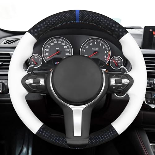 MEWANT Hand-Stitched Steering Wheel Cover for BMW (M Sport) F22 F23 F30 F34 F32 F33 F36 F10 F07 F12 F13 F06 F39 F25 F26 F15 F16, DIY Custom Fit Steering Wheel Wrap for BMW - color: 13:IT-ALCAN with blue layer & white leather