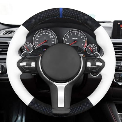 MEWANT Hand-Stitched Steering Wheel Cover for BMW (M Sport) F22 F23 F30 F34 F32 F33 F36 F10 F07 F12 F13 F06 F39 F25 F26 F15 F16, DIY Custom Fit Steering Wheel Wrap for BMW - color: 13:IT-ALCAN with blue layer & white leather