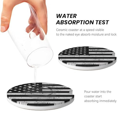 Black White American Flag Absorbent Ceramic Car Coasters for Cup Holders, 2.56" Anti Slip Insert Cup Coasters for Women Men (2 PCS) - color: Black White American Flag