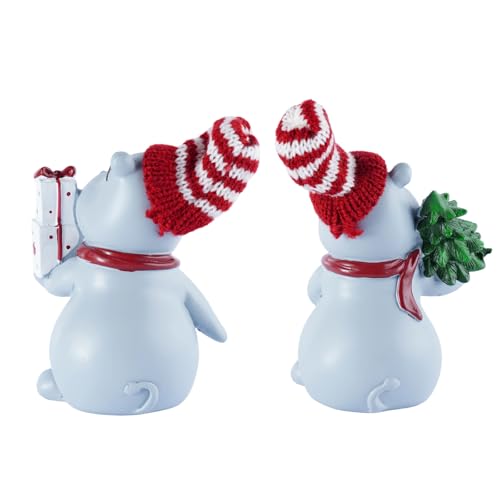 2-Piece Funny Christmas Hippo Ornaments Hippopotamus Gifts Resin Hippo Figurines for Indoor Tabletop Christmas Decorations Holiday Home Decor, Ideal Xmas Gift for Family & Friends