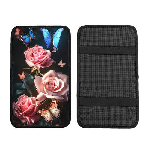 Universal Car Center Console Cushion Pad, Blue Butterfly Pink Rose Soft Waterproof Car Center Console Cover Auto Armrest Seat Box Cover Protector for Most Vehicle SUV Truck Car - color: Blue Butterfly Pink Rose