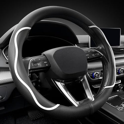 Nappa Leather Steering Wheel Cover. Stylish Striped Design, Universal fit for 14.5–15-inch Steering Wheels, Slip-Resistant and Breathable, Protects the Steering Wheel.Black and White - color: Black and White