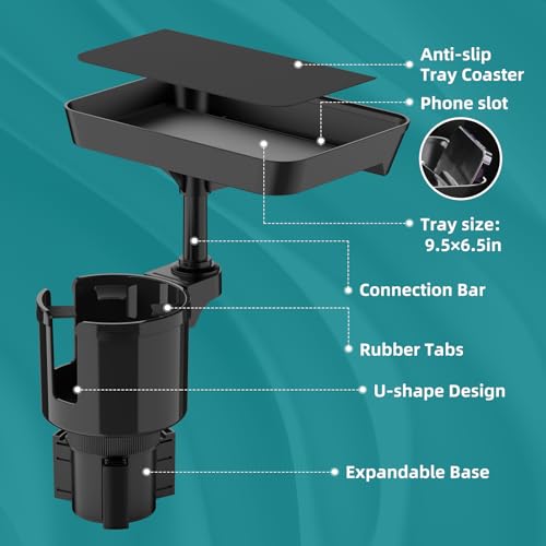 Car Cup Holder Tray, Cup Holder Expander Adapter for Car, 9.5” Car Food Tray Table for Eating, Car Essentials Fits Yeti, Hydro Flask 16-46 oz