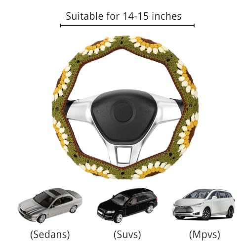 Crochet Steering Wheel Cover Set,Cute Steering Wheel Cover Boho 14-15 in,Handmade Sunflower Granny Square Decor for Women,Hippie Car Accessories for Vehicles (A Wheel Cover)