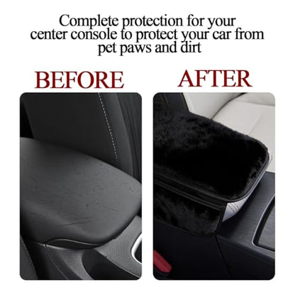 Car Armrest Cover, Soft Fluffy Leather Plush Vehicle Center Console Pad with 2 Storage Bags, Furry Automotive Interior Arm Rest Seat Box Cushion Protector Accessories, Universal Fit (Black)