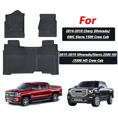 Floor Mats for 2014-2018 Chevy Silverado GMC Sierra 1500 Crew Cab, 2015-2019Chevrolet Silverado/Sierra 2500 HD/3500 HD Crew Cab TPE All Weather Protection Car Floor Liners Accessories - size: 2014-19|For Silverado GMC|2st