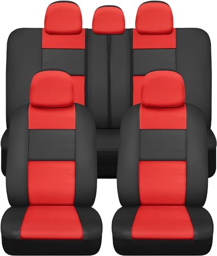 PU Leather Car Seat Covers w/Two-Tone Carpet/Vinyl Trim Car Floor Mats – Front and Back Split Bench Seat Covers, Steering Wheel Cover, Floor Mats (Black/Red) - color: Red