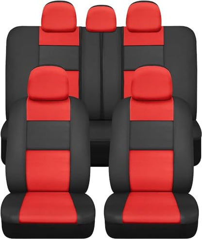 PU Leather Car Seat Covers w/Two-Tone Carpet/Vinyl Trim Car Floor Mats – Front and Back Split Bench Seat Covers, Steering Wheel Cover, Floor Mats (Black/Red) - color: Red