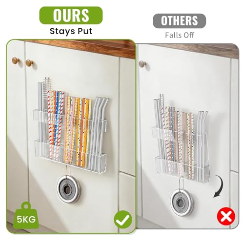 9.5” Large Acrylic Straw Holder for Cabinet Door-Reusable Tumbler Straw Organizer with Ultra Sticky Adhesive Tape ,Plastic Kitchen Accessories Container for Inside Cupboard Door (Transparent)