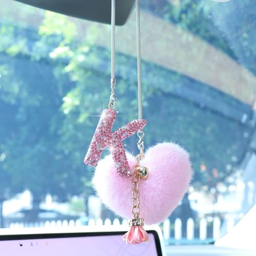 Bling Pink Car Accessories for Women Letter Charm, Rainbow Color Rear View Mirror Cute Crystal Pendant Car Decorations, Lucky Gifts Diamond Rhinestone Charm Interior(K, Tassel Heart) - color: Pink K