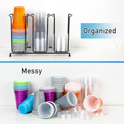 Wire Frame Cup and Lid Organizer, 3 Compartment Metal Rack Design Storage Holder for Plastic, Coffee Beverage Cups