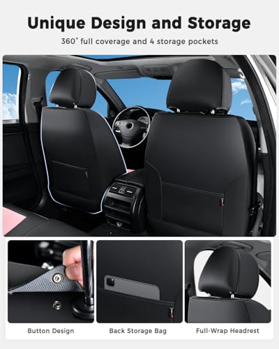 Huidasource Seat Covers Full Set, Universal Fit for Most Cars SUV Trucks, Full Coverage Leather Seat Cover, Airbag, Cupholder Compatible, Seat Function Retain, Easy Install with Velcro, Black & Pink - color: FS: Black&Pink, size: Full Set
