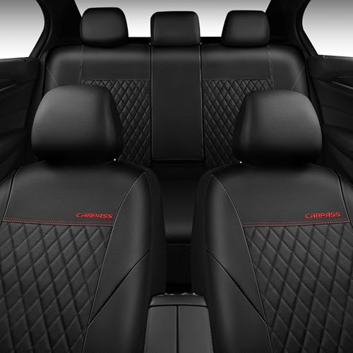 CAR PASS Quilting Faux Leather Seat Covers Full Set, Waterproof Deluxe Premium Seat Cover with 5mm Composite Sponge Inside, Airbag Compatible Auto Seat Cover Universal Fit for 95% Sedan SUV Van, Black - color: Black and Black, size: Full Set (Front and Re
