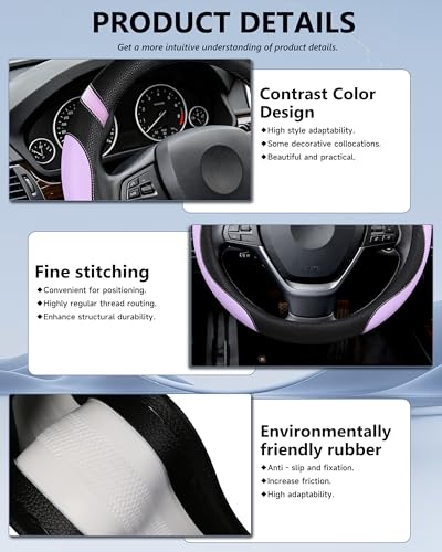 Universal Leather Steering Wheel Cover for Women Steering Wheel Cover for Car 15 inch (Lilac Color)
