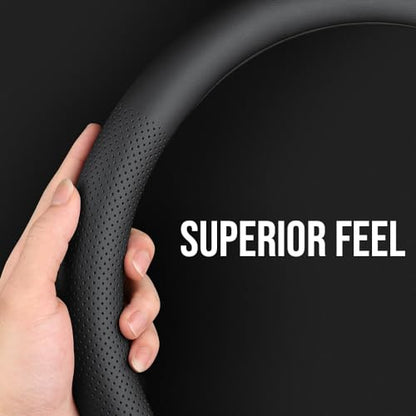 Carodi Leather car Steering Wheel Cover, Ultra-Thin, Comfortable, Non-Slip, Breathable, Universal 15 inches (Black) - color: Black-A