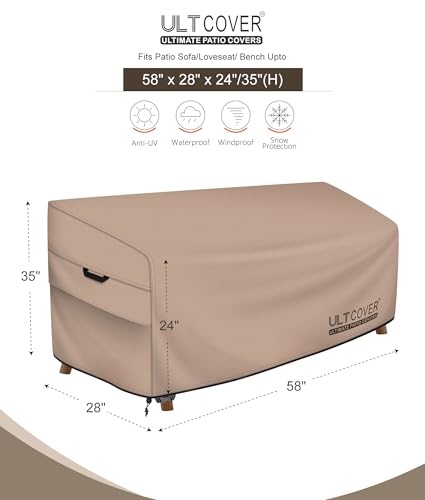 ULTCOVER Waterproof Outdoor Sofa Cover - Heavy Duty Patio Bench Covers 58W x 28D x 35H inch - color: Brown-30"Deep, size: 58"x28"x24"/35"(H)