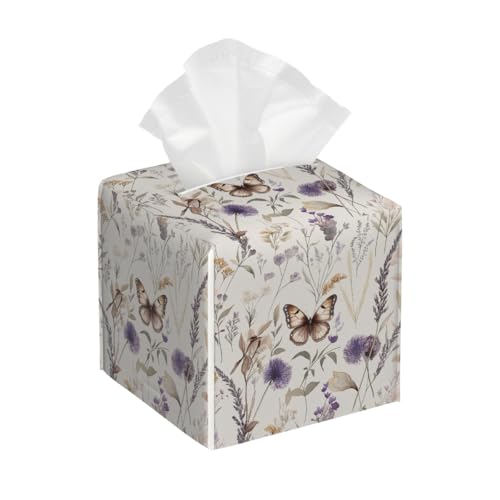 Tissue Box Cover PU Leather Square Tissues Holder Purple Wildflowers Herbs Butterfly Decorative Facial Paper Organizer Dispenser for Bedroom Bathroom Vanity,Home Office Car - color: Purple Beige