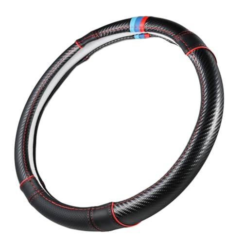 Carbon Fiber + Leather Steering Wheel Cover with Sporty Top Stripes, Non-Slip and Sweat Absorbent Universal fit 14 ½ to 15 inches SW for Most Car SUV Pickup - color: carbon pattern+black leather grip+stripes