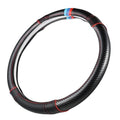 Carbon Fiber + Leather Steering Wheel Cover with Sporty Top Stripes, Non-Slip and Sweat Absorbent Universal fit 14 ½ to 15 inches SW for Most Car SUV Pickup - color: carbon pattern+black leather grip+stripes