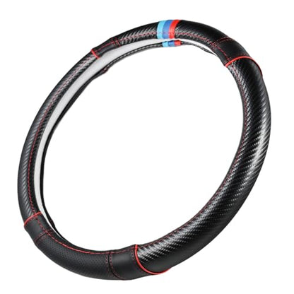 Carbon Fiber + Leather Steering Wheel Cover with Sporty Top Stripes, Non-Slip and Sweat Absorbent Universal fit 14 ½ to 15 inches SW for Most Car SUV Pickup - color: carbon pattern+black leather grip+stripes