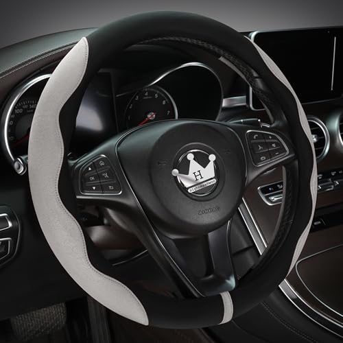 Luxury Suede Steering Wheel Cover for Cars, Soft Leather Padded Wheels Cover for Sedan, SUV, Thin Car Handle Cover, Universal Fit, Anti Slip, 14.75-15.15in, Gray