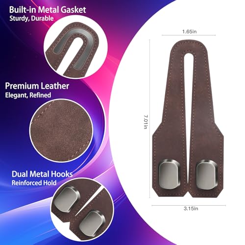 2Pcs Car Headrest Hooks with Premium Leather, Upgraded Double Metal Hooks with Anti-Drop Design, Universal Back Seat Hanger for Bags, Coats, Purses and Groceries (Stylish Brown)
