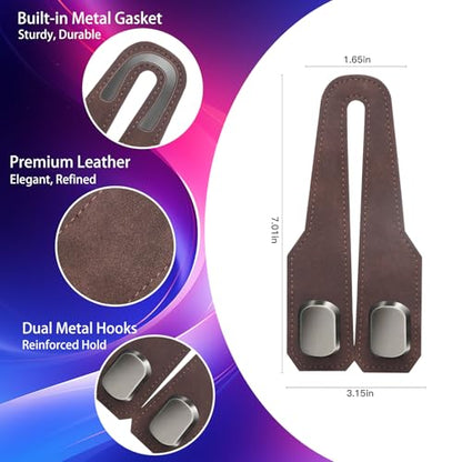2Pcs Car Headrest Hooks with Premium Leather, Upgraded Double Metal Hooks with Anti-Drop Design, Universal Back Seat Hanger for Bags, Coats, Purses and Groceries (Stylish Brown)