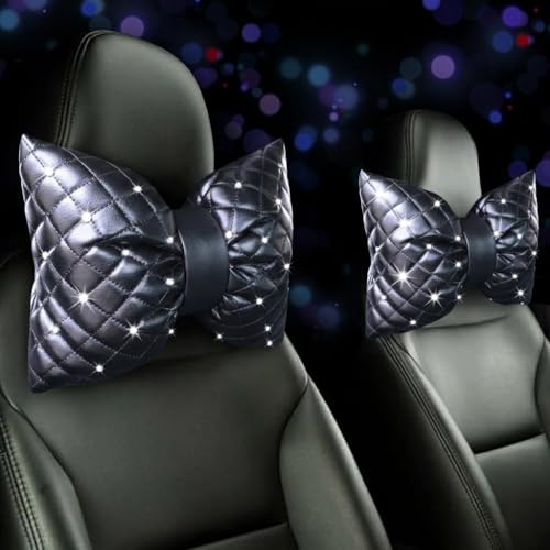 Dotesy 2PCS Rhinestone Car Headrest Neck Pillow for Driving with Bling Bling Crystal Leather Seat Head Pillow Car Accessories for Women (Black Leather) - color: Black Leather