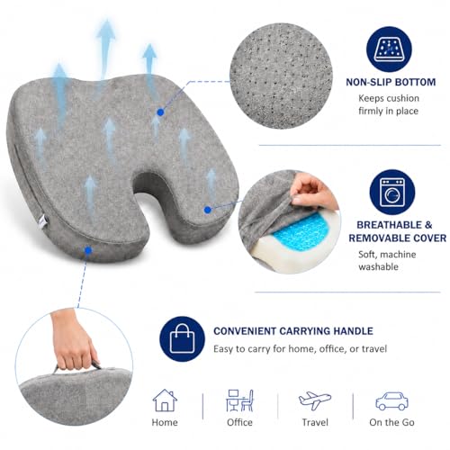 DR.DREAM Seat Cushion for Long Sitting, Cooling Gel Memory Foam Seat Cushion - Back, Sciatica, Coccyx, Tailbone Pain Relief - for Office Chairs, Car Seat, Wheelchair Sitting Cushion (Grey) - color: Grey