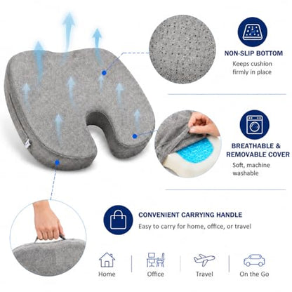 DR.DREAM Seat Cushion for Long Sitting, Cooling Gel Memory Foam Seat Cushion - Back, Sciatica, Coccyx, Tailbone Pain Relief - for Office Chairs, Car Seat, Wheelchair Sitting Cushion (Grey) - color: Grey