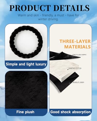 Fluffy Car Steering Wheel Cover, Luxury 14.5-15" Anti-Slip Round Fuzzy Twisted Fur Cute Steering Wheel Protector, Soft Warm Plush Steering Wheel Cover for Women Girls, Car Auto Accessories (Black)