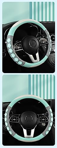 Car Steering Wheel Cover for Women Cute Flower Pink Steering Wheel Cover Leather Non-Slip Fit 15 inch - color: Lake Blue