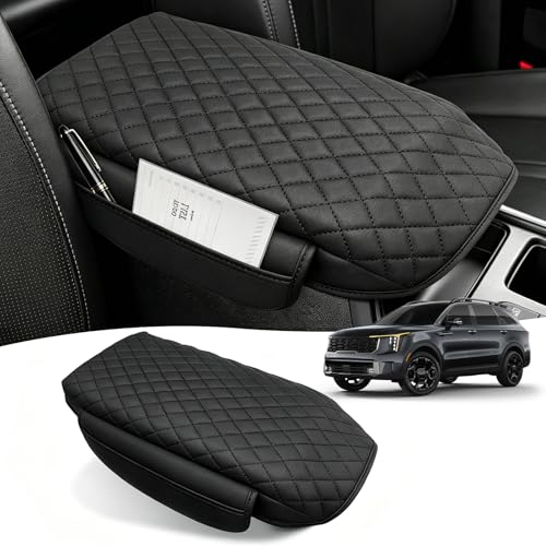 Center Console Cover with Side Pocketes for Kia Sorento 2021-2026 Accessories, Armrest Cover Thickened PU Leather Car Armrest Box Cushion Pad Protector Diamond Stitching - size: for Kia Sorento 2021-2026