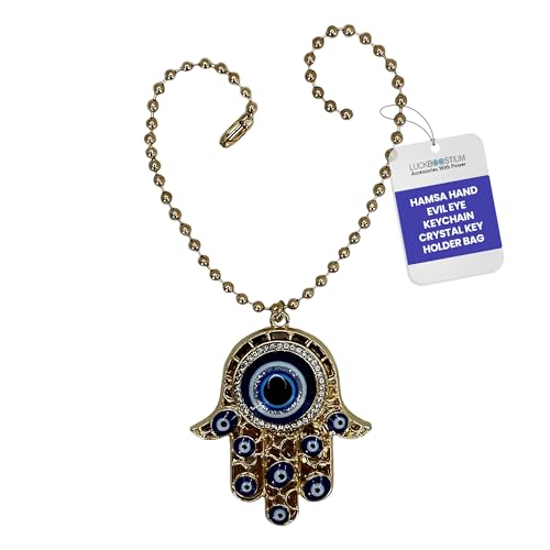 LUCKBOOSTIUM Hamsa Hand and Evil Eye Keychain with Crystal Rhinestones - Good Luck Charm Keychain, Rear View Mirror Accessories, Evil Eye Wall Decor, Purse and Bag Charms (Gold & Ball Chain) - color: Gold Finish & Ball Chain