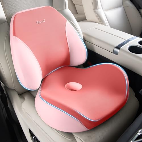 Lumbar Support Pillow and Car Seat Cushion for Driving Car Office Chair, Memory Foam Back Support Pillow and Office Seat Chair Cushion for Sciatica Pain Relief - Pink - color: B-cushion&lumbar Pillow-pink