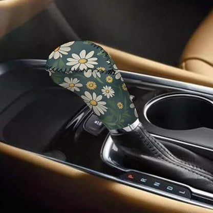 Daisy Printed Car Handbrake Cover and Gear Shift Cover Sets for Women Men, Soft Elastic Car Handbrake Cover with Shift Knob Cover, Universal Fits Car Interior Accessories, Set of 2 - color: Daisy - Green and White