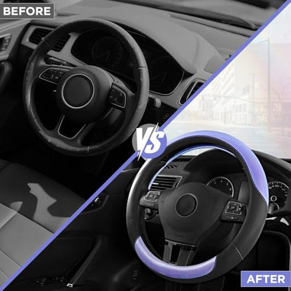 Road Comforts Steering Wheel Cover – Breathable Leather Steering Wheel Cover, Anti-Slip Grip, Universal Fit 14.5” to 15”, Heat & Cold Resistant for Cars, SUVs, and Trucks – Black & Shining Purple - color: Black&Purple