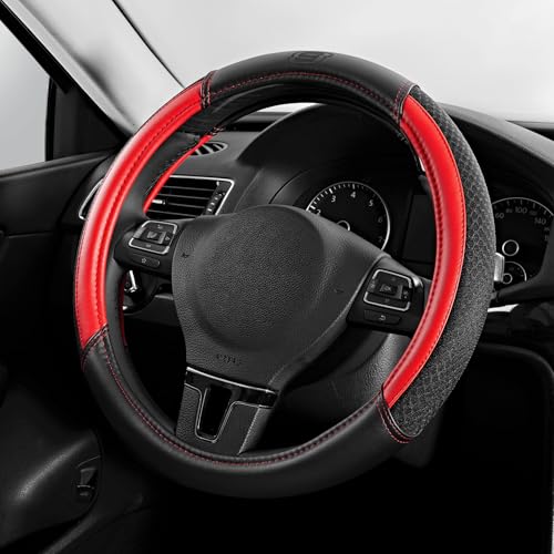 Skechers Air-Cooled Steering Wheel Cover, Leather Car Steering Wheel Cover Universal Fit 14" 1/2-15" Car Wheel Protector for Men Women Fit Suvs,Vans,Sedans,Car,Trucks,Red - color: Red
