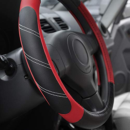 Elantrip Leather Steering Wheel Cover 15 1/2 to 16 inch Universal Large Grip Breathable for Car Truck SUV Jeep Anti Slip Black and Red - color: Black and Red, size: 15 1/2 - 16 Inch