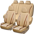 CAR PASS Beige Leather Car Seat Covers, Breathable Waterproof Nappa Automotive Seat Covers Full Set, Anti-Slip Driver Seat Cushion with Backrest Universal Fits SUV Pick-up Truck Sedan, Wood Grain - color: Beige Wood Grain, size: Full Set