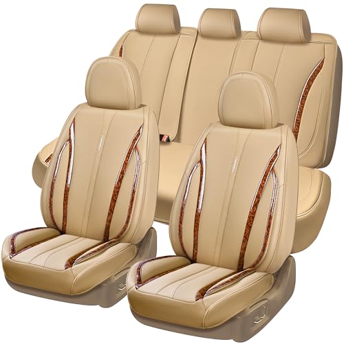 CAR PASS Beige Leather Car Seat Covers, Breathable Waterproof Nappa Automotive Seat Covers Full Set, Anti-Slip Driver Seat Cushion with Backrest Universal Fits SUV Pick-up Truck Sedan, Wood Grain - color: Beige Wood Grain, size: Full Set