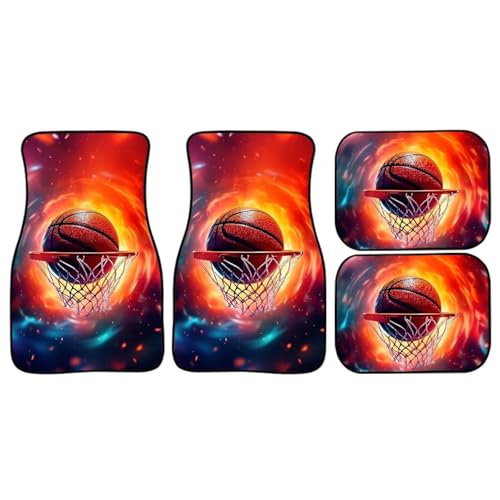 Basketball Print Car Floor Mats Set of 4 Abstract Fire Sports Ball Universal Vehicle Floor Carpet Decorative Auto Front Rear Foot Rugs for Trucks SUV Sedan