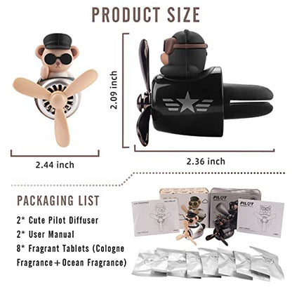2pcs Car Air Fresheners Cute Cartoon Bear Pilot Automotive Air Outlet Propeller Car Diffuser Creative Car Perfume Decoration for Car Vent Clips for Women Men with 8 Fragrant Tablets(Bear + Teddy Bear)