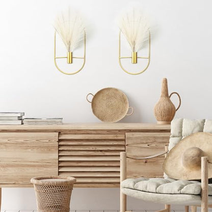 2 Pcs Boho Wall Decor Metal Gold Wall Art Hanging Planters with Artificial Pampas Modern Home Decor Display Art for Living Room Bedroom Bathroom(Oval) - style: Oval