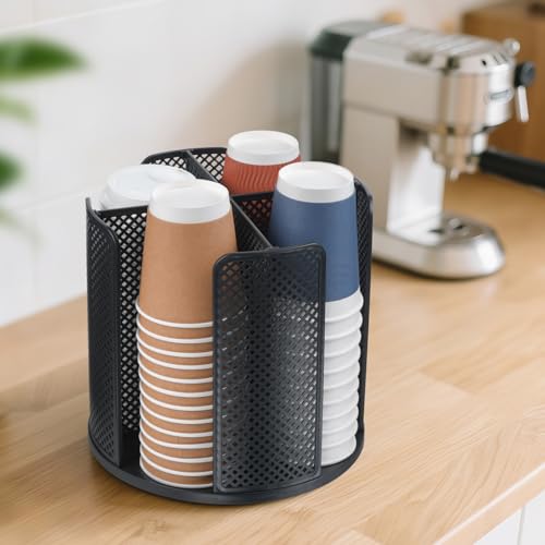 Cup and Lid Organizer, 360° Rotatable Coffee Cup Holder for Disposable Plastic and Paper Cups of 5 to 16 oz, 4 Compartments Detachable Countertop Cup Dispenser Coffee Station, Black - color: Black